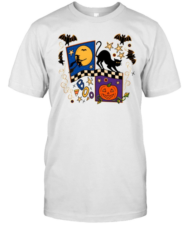 Vintage 90s Folk Art Halloween Cat Witch Pumpkin Classic Men's T-shirt