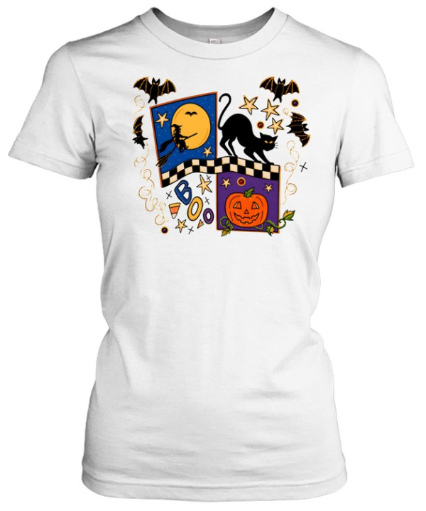 Vintage 90s Folk Art Halloween Cat Witch Pumpkin  Classic Women's T-shirt