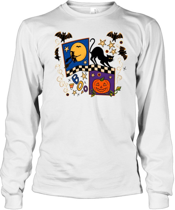 Vintage 90s Folk Art Halloween Cat Witch Pumpkin  Long Sleeved T-shirt