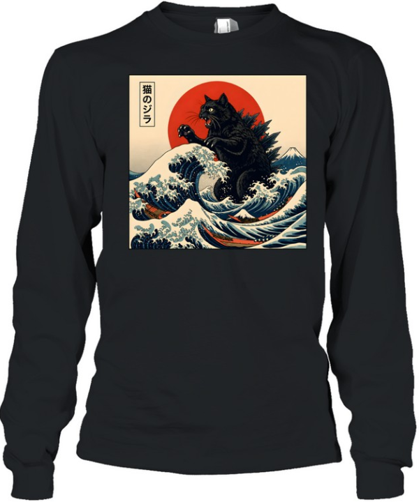 Vintage Black Kaiju Cat Long Sleeved T-shirt
