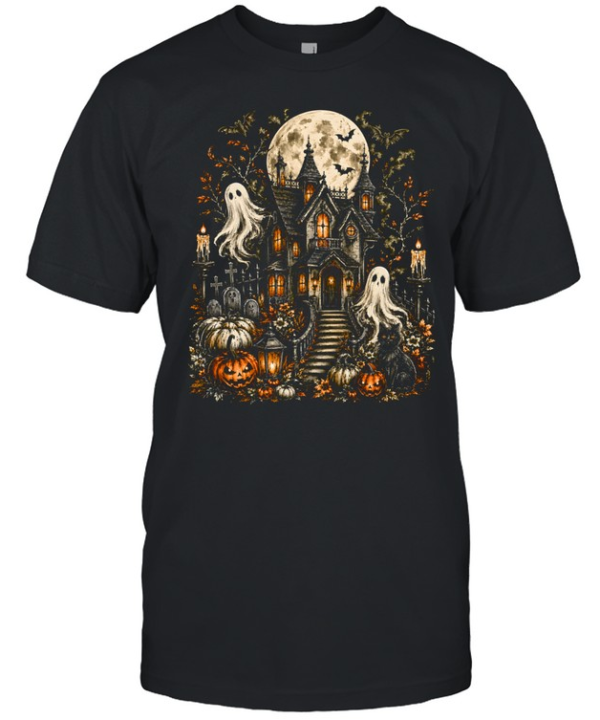 Vintage Gothic Haunted House Spooky Ghosts Full Moon Halloween Classic Men's T-shirt