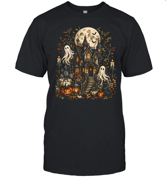 Vintage Gothic Haunted House Spooky Ghosts Full Moon Halloween Classic Men's T-shirt Vintage Gothic Haunted House Spooky Ghosts Full Moon Halloween Classic Men's T-shirt