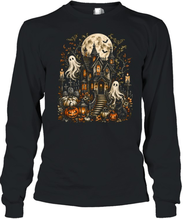 Vintage Gothic Haunted House Spooky Ghosts Full Moon Halloween Long Sleeved T-shirt