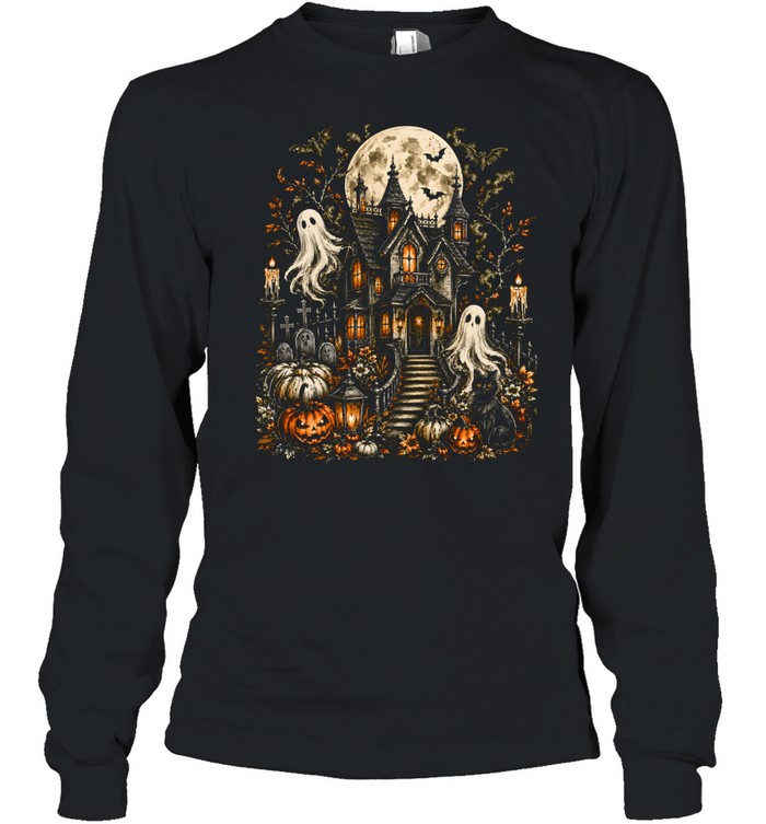 Vintage Gothic Haunted House Spooky Ghosts Full Moon Halloween Long Sleeved T-shirt