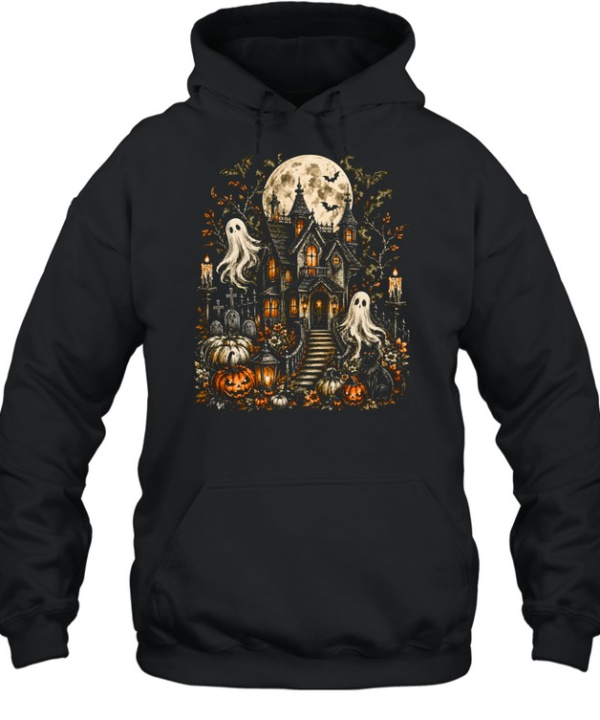 Vintage Gothic Haunted House Spooky Ghosts Full Moon Halloween Unisex Hoodie