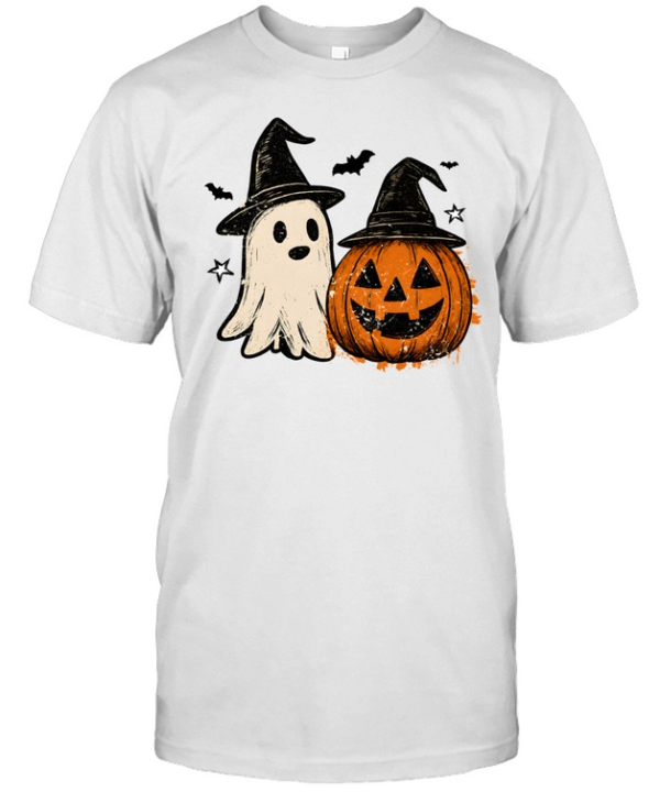 Vintage Halloween Ghost And Pumpkin Wearing Witch Hats  Classic Men's T-shirt
