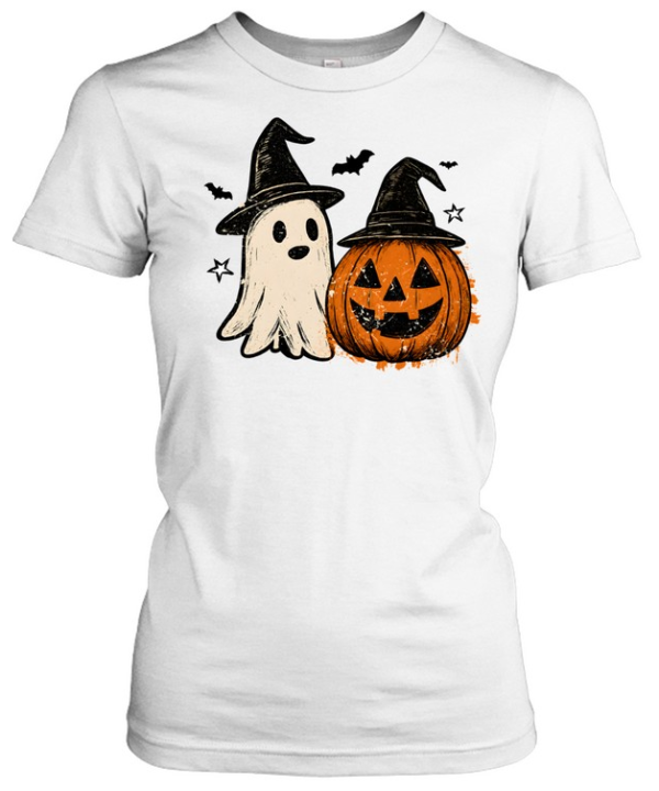 Vintage Halloween Ghost And Pumpkin Wearing Witch Hats  Classic Women's T-shirt