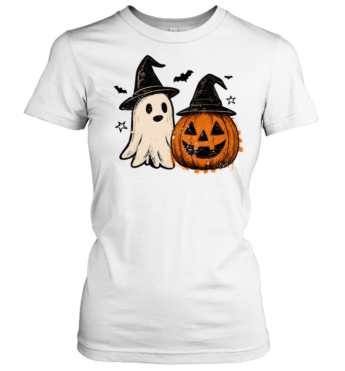 Vintage Halloween Ghost And Pumpkin Wearing Witch Hats Classic Women's T-shirt