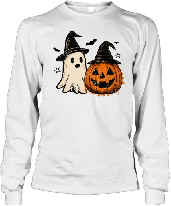 Vintage Halloween Ghost And Pumpkin Wearing Witch Hats Long Sleeved T-shirt