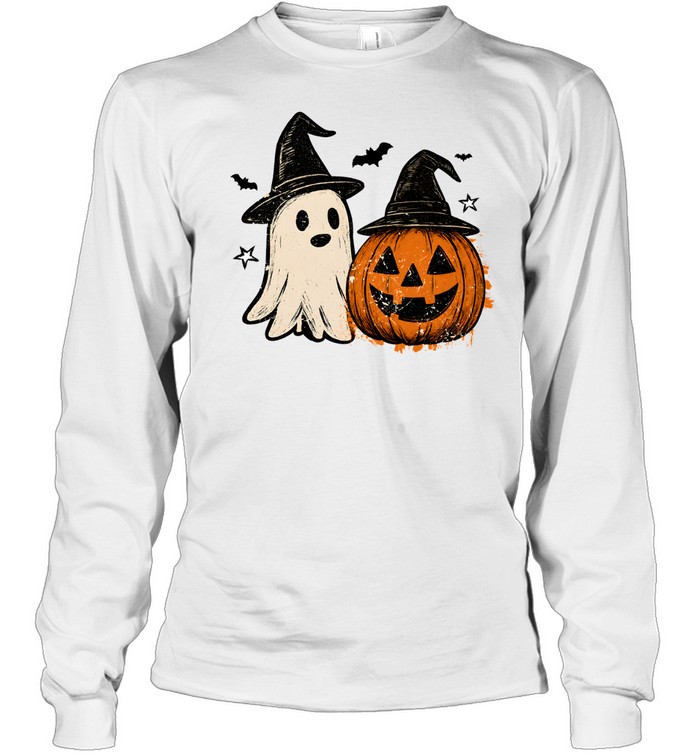 Vintage Halloween Ghost And Pumpkin Wearing Witch Hats Long Sleeved T-shirt