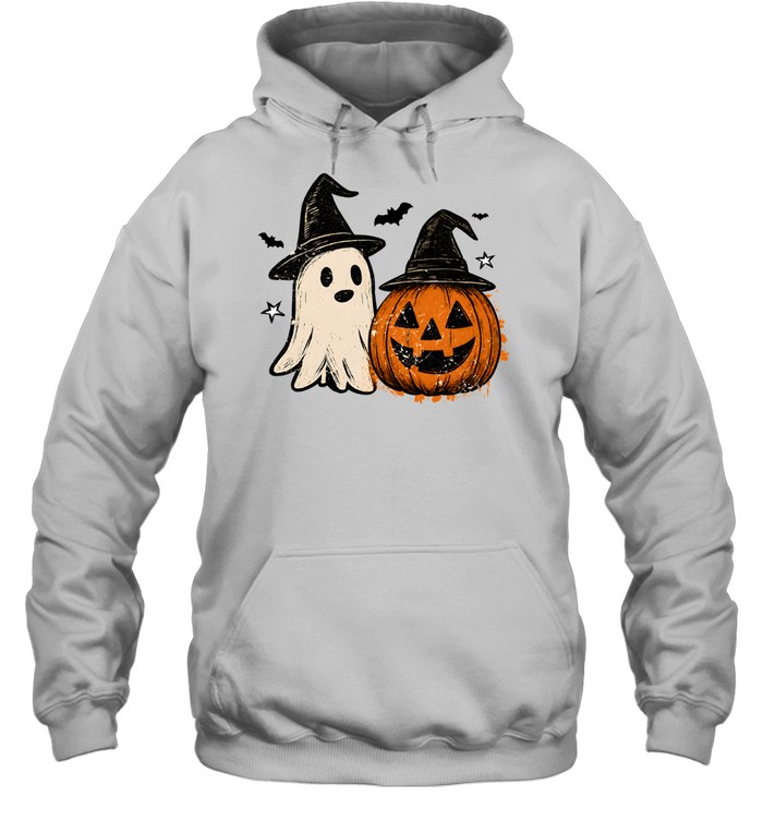 Vintage Halloween Ghost And Pumpkin Wearing Witch Hats Unisex Hoodie Vintage Halloween Ghost And Pumpkin Wearing Witch Hats Unisex Hoodie