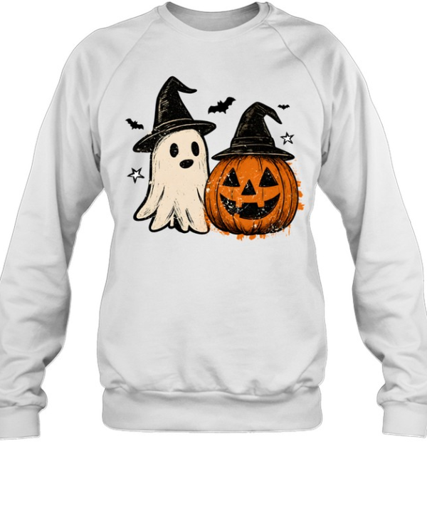 Vintage Halloween Ghost And Pumpkin Wearing Witch Hats Unisex Sweatshirt
