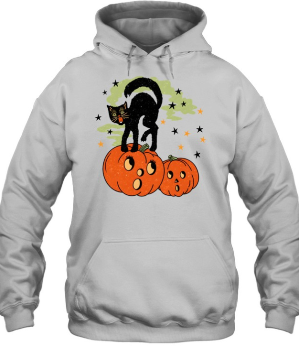 Vintage Retro Halloween Black Cat Hissing On Pumpkins  Unisex Hoodie