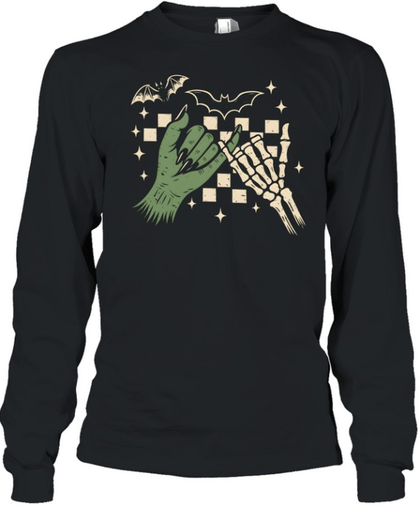 Witch Hand And Skeleton Hand Pinky Promise Checkered  Long Sleeved T-shirt