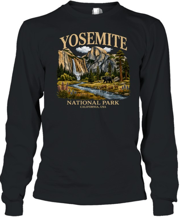Yosemite National Park California Half Dome Bear Wildlife Washed  Long Sleeved T-shirt