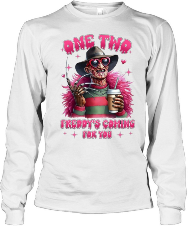 Freddy's Coming For You Pink Feather Boa Coffee Halloween Graphic  Long Sleeved T-shirt