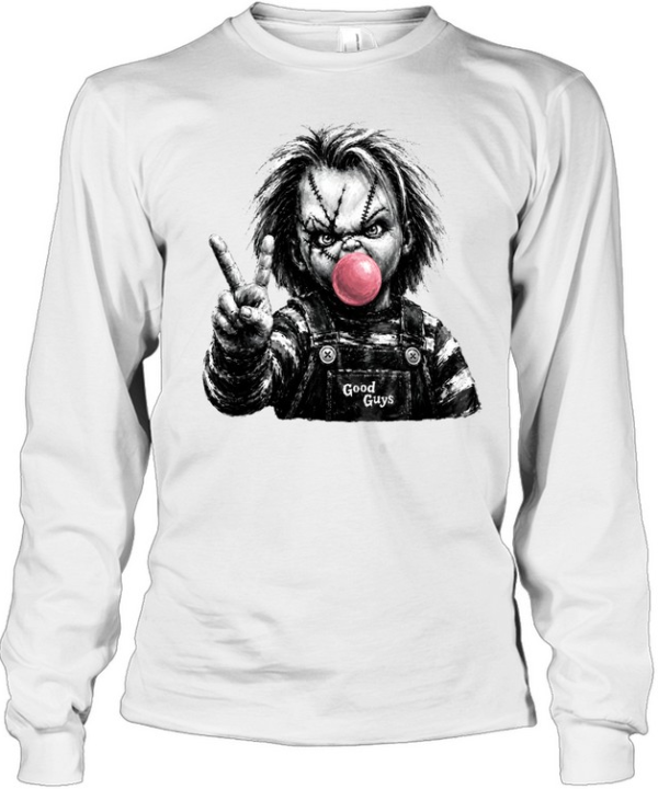 Funny Chucky Doll Blowing Bubble Gum Peace Sign Halloween Horror  Long Sleeved T-shirt