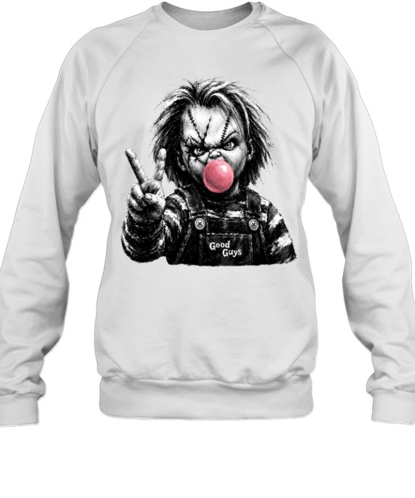 Funny Chucky Doll Blowing Bubble Gum Peace Sign Halloween Horror  Unisex Sweatshirt
