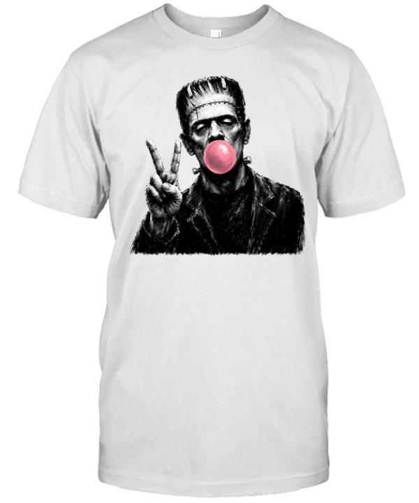 Funny Frankenstein Blowing Bubble Gum Peace Sign Halloween Horror Classic Men's T-shirt