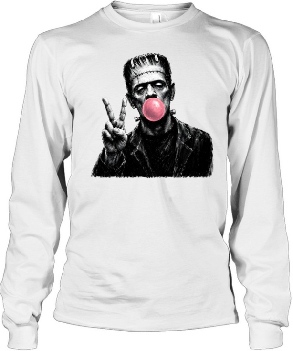 Funny Frankenstein Blowing Bubble Gum Peace Sign Halloween Horror Long Sleeved T-shirt