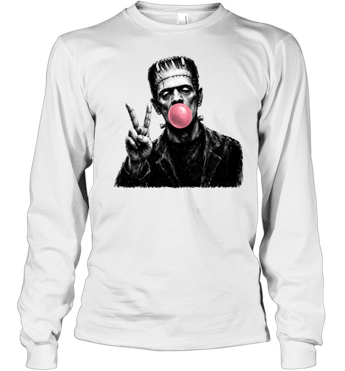 Funny Frankenstein Blowing Bubble Gum Peace Sign Halloween Horror Long Sleeved T-shirt