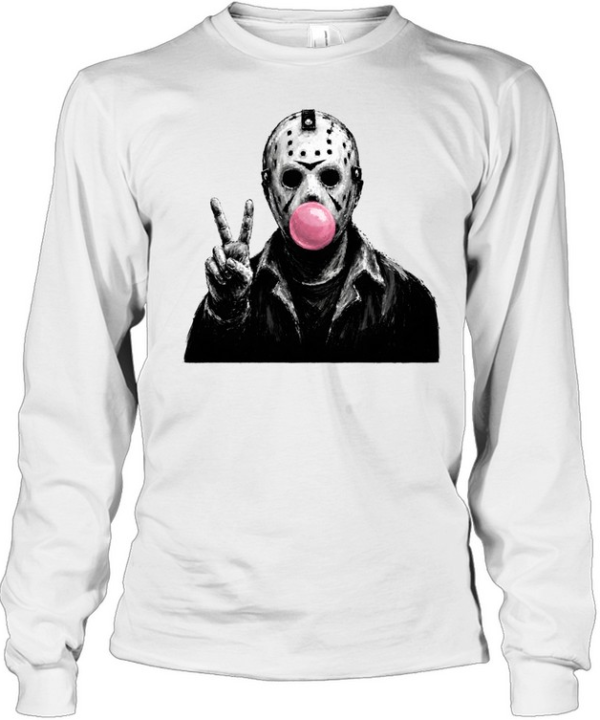 Funny Jason Voorhees Blowing Bubble Gum Peace Sign Halloween Horror  Long Sleeved T-shirt