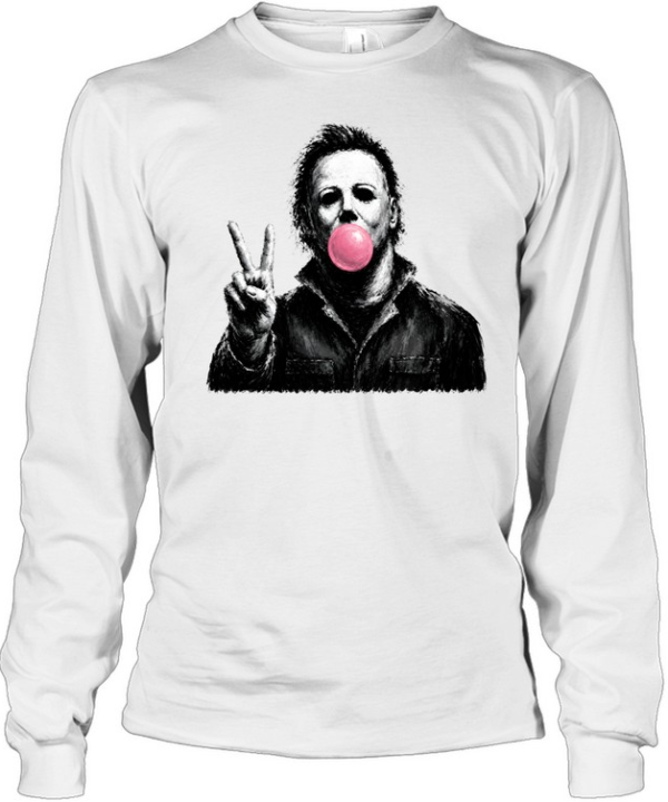 Funny Michael Myers Blowing Bubble Gum Peace Sign Halloween Horror  Long Sleeved T-shirt