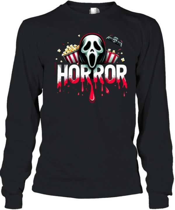 Horror Movie Night Ghostface Popcorn Blood Drip Halloween  Long Sleeved T-shirt