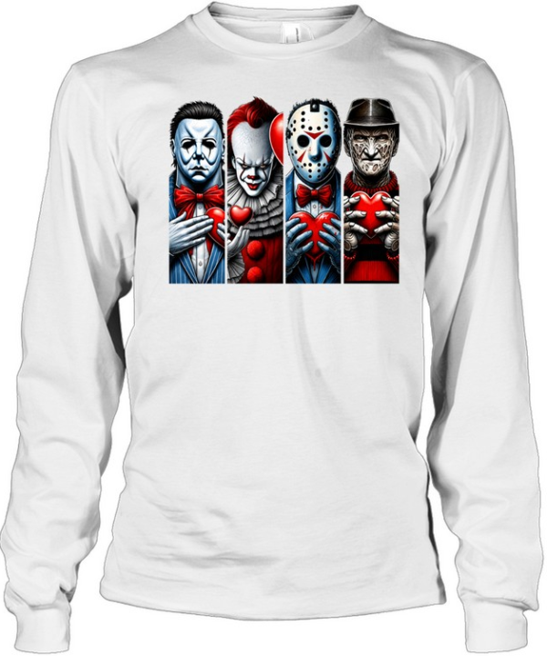 Horror Slasher Squad Gentlemen Holding Hearts Valentine Halloween Graphic  Long Sleeved T-shirt
