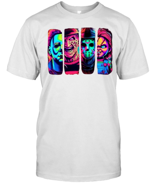 Retro Neon Slasher Movie Villains Graphic Tee Glow Horror Characters Panel Classic Men's T-shirt