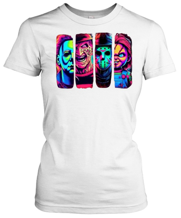 Retro Neon Slasher Movie Villains Graphic Tee Glow Horror Characters Panel  Classic Women's T-shirt