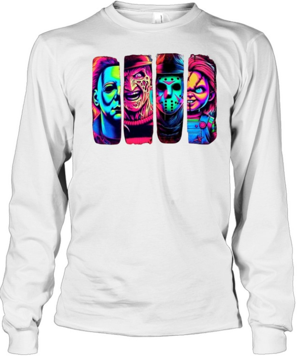 Retro Neon Slasher Movie Villains Graphic Tee Glow Horror Characters Panel  Long Sleeved T-shirt