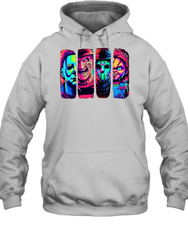 Retro Neon Slasher Movie Villains Graphic Tee Glow Horror Characters Panel  Unisex Hoodie