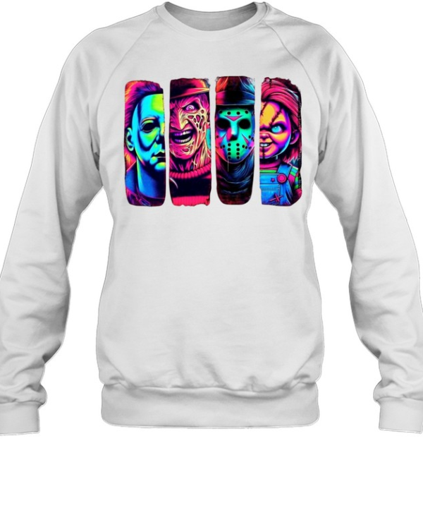 Retro Neon Slasher Movie Villains Graphic Tee Glow Horror Characters Panel  Unisex Sweatshirt