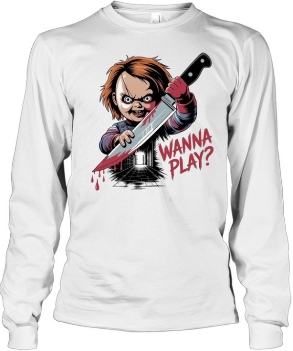 Wanna Play Chucky Bloody Knife Child's Play Halloween Graphic  Long Sleeved T-shirt